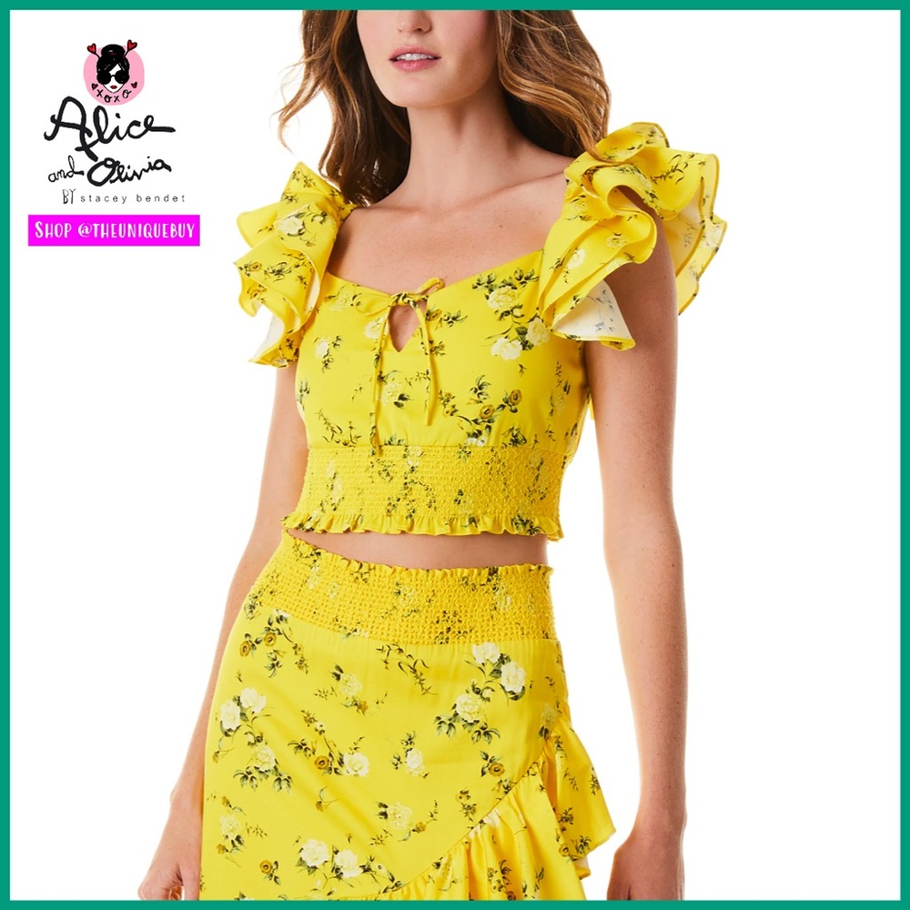Alice + Olivia Shanae Floral Ruffle Sleeve Yellow Tie Front Crop Top